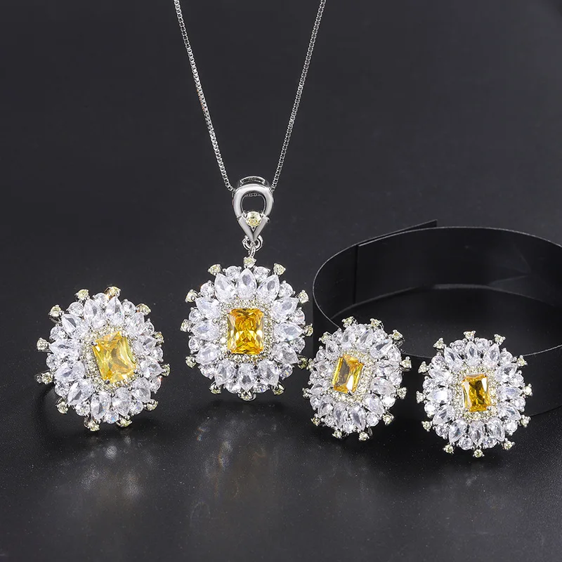 

S925 Silver Needle European and American Fashion Jewelry Accessories Set Golden Yellow Diamond Set for Women