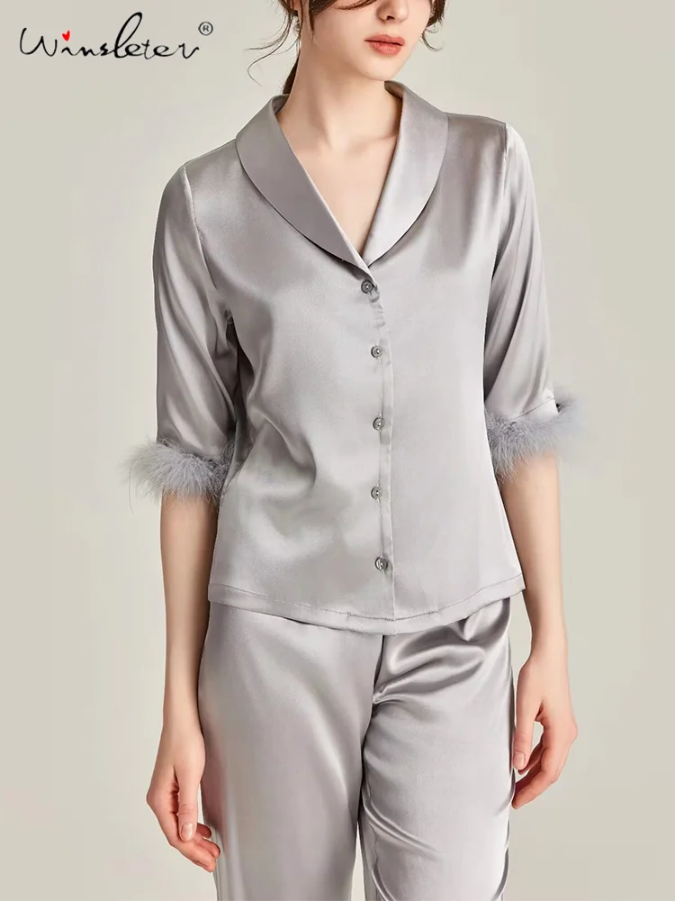 Winsleter,60%Natural Silk Pajama Sets,Satin 2024 Autumn New Sleepwear Pyjama,Women Turkey Feathers Fashion Elegant,S479112QM