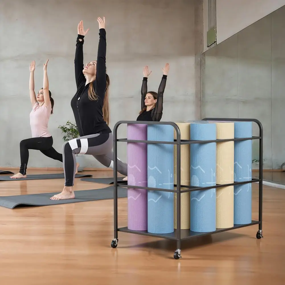 Yoga Mat Storage Rack with Wheels, Home Gym Workout Equipment Storage Cart, Exercise & Fitness Organizer, Black