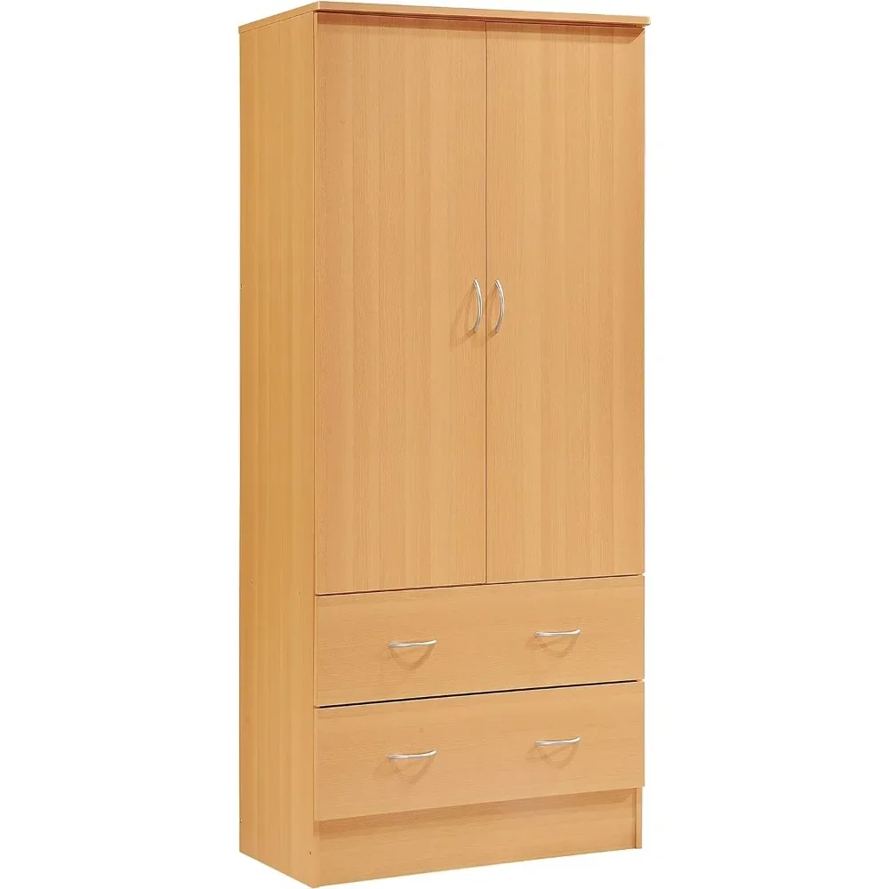 2023 New Two Door Wardrobe, with Two Drawers, and Hanging Rod, Chocolate