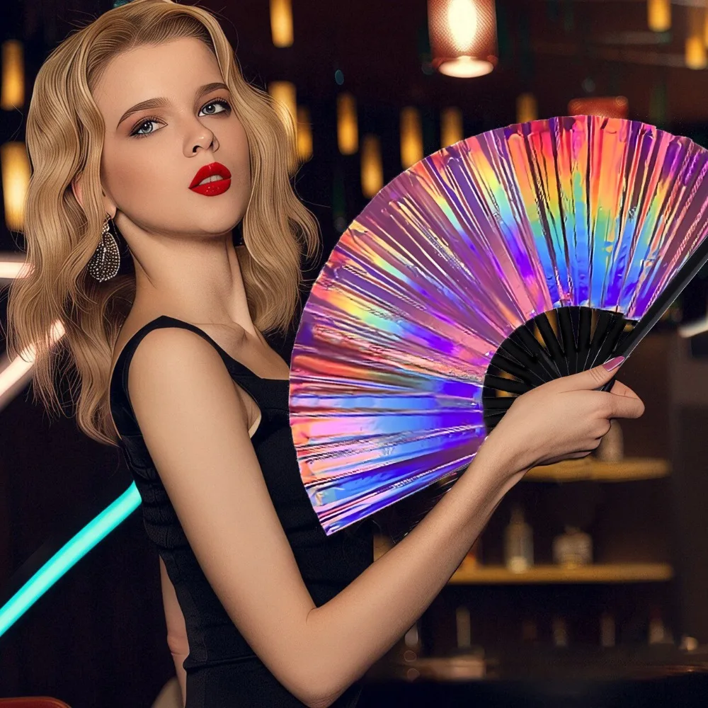 

Креативный лазерный большой складной ручной веер, изысканный износостойкий ручной веер, пластиковый танцевальный веер, украшение стены