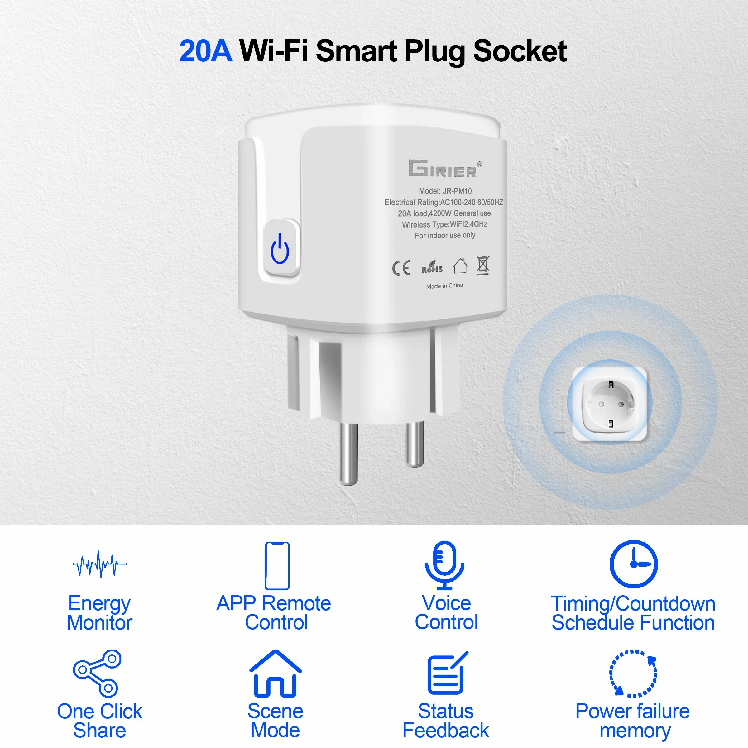 GIRIER Tuya Wifi Smart Plug 20A EU Smart Socket Outlet with Power Monitor Timer Function 4200W Compatible with Alexa Google Home