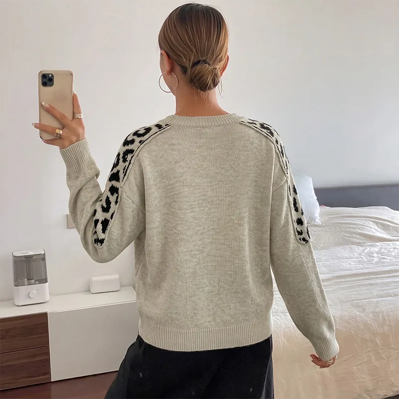 Leopard Print Splicing Pullover Sweater 2026 Autumn and Winter New Loose Lazy Casual Knitted Sweater Women