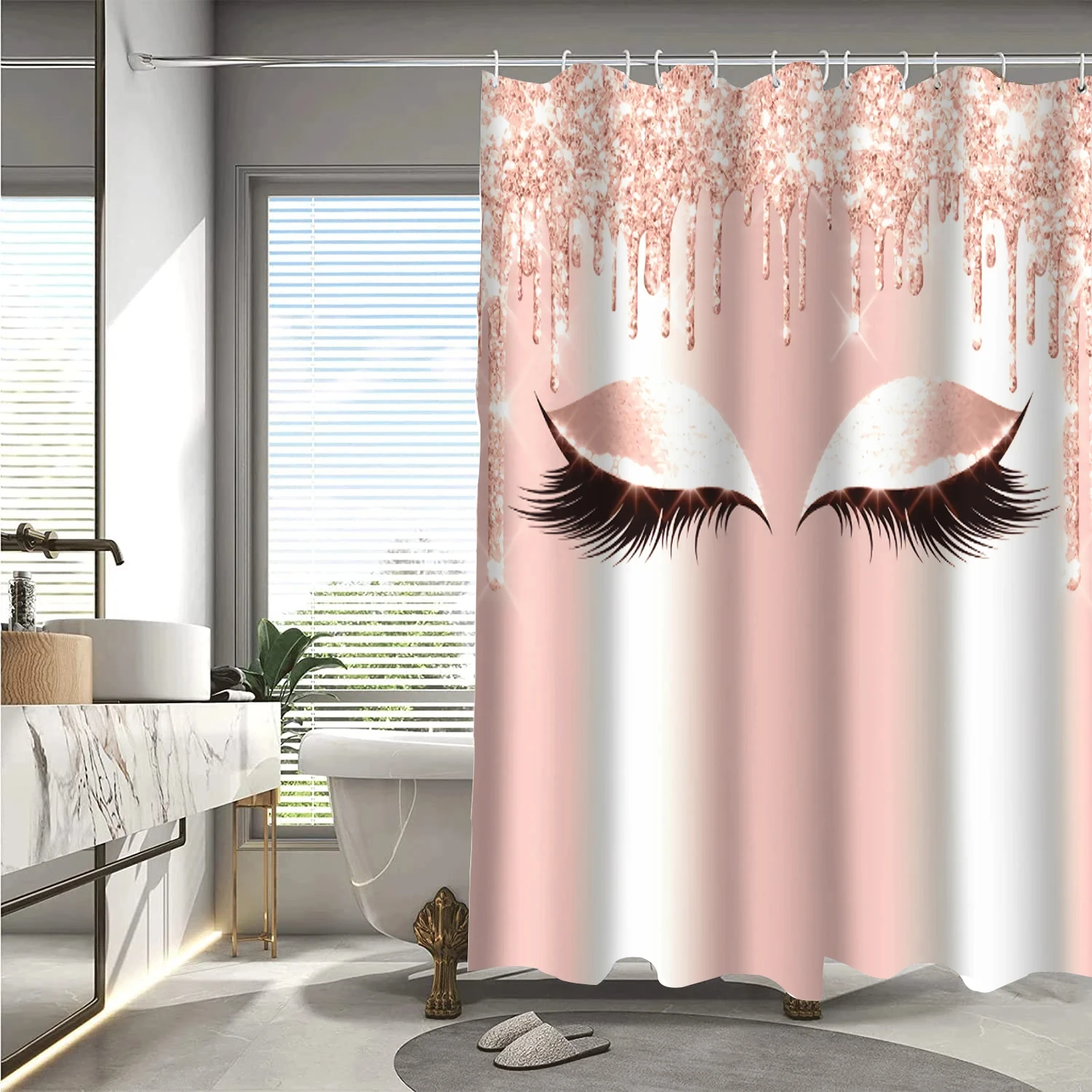 Girl Pink Silver Eyelash Shower Curtain Gorgeous Waterproof Polyester Fabric Bath Curtains Glitter Bathtub Screen with 12 Hooks