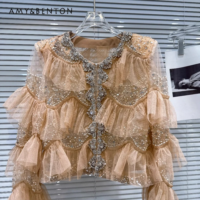 

French Design Rhinestone Beaded Heavy Industry Mesh Splicing Women's Short Jackets 2026 Spring New Fashion Elegant Jacket Ladies