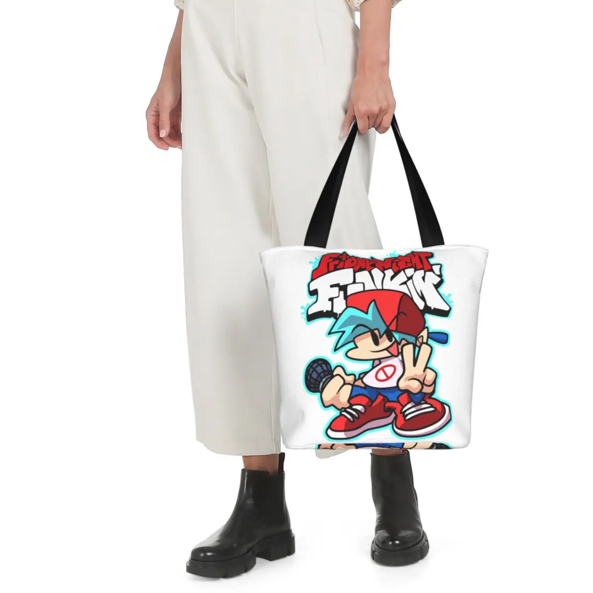 حقيبة تسوق Friday Night Funkin من القماش ذات سعة كبيرة وحقائب كتف للمتسوقين وحقيبة يد للبقالة للنساء