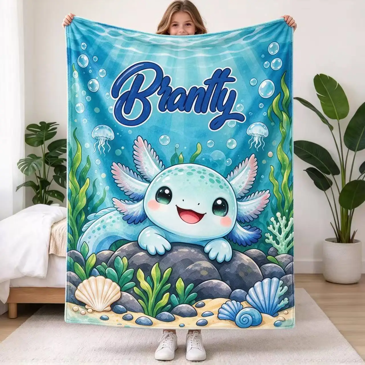 Custom Axolotl Blankets Personalized Name Soft Flannel Throw Blankets Cute Cartoon Salamander Xmas Gift Home Sofa Bed Decor