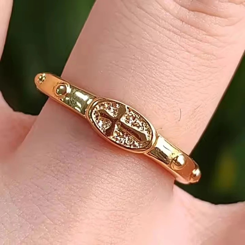 

Stainless Steel 18K Gold Rosary Beads Catholic Religious Wedding Band Ring Cross Rosary Praying Ring Women