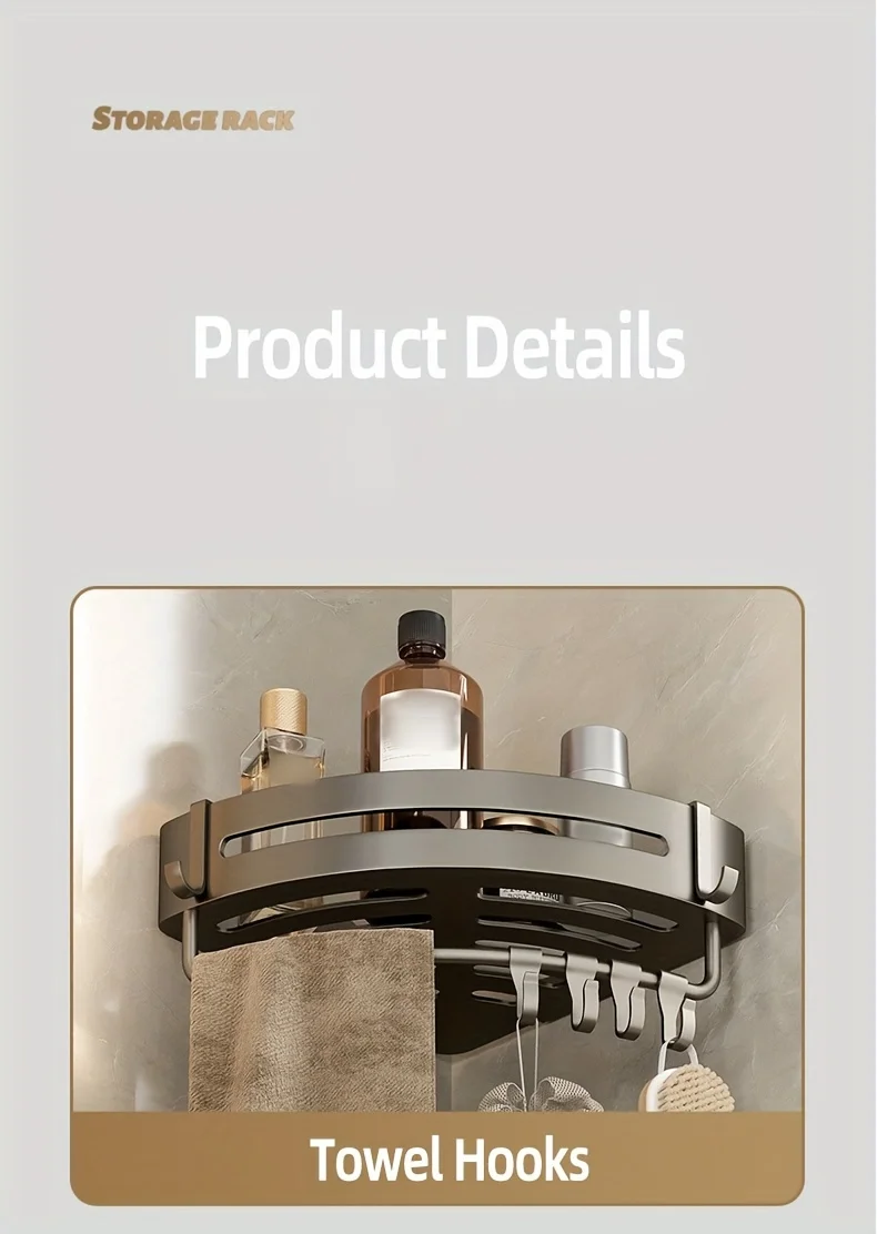 1 Stück nicht bohrendes Aluminium-Badezimmer-Aufbewahrungsregal – an der Wand montiertes Eckregal zur Aufbewahrung von Badezimmer-Shampoo-Duschgel-Kosmetik – Detail 11