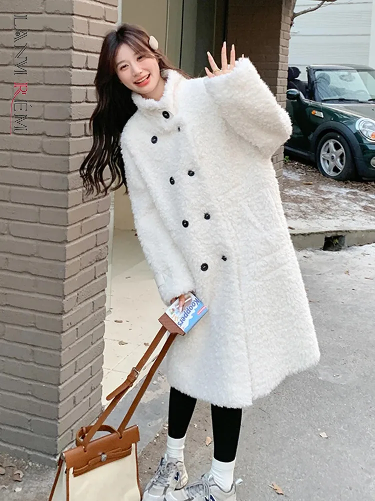 LANMREM Faux Fur Coat For Women Lapel Double Breasted Long Sleeves Loose Warm White Overcoats Female Winter Clothing New 2DB1355