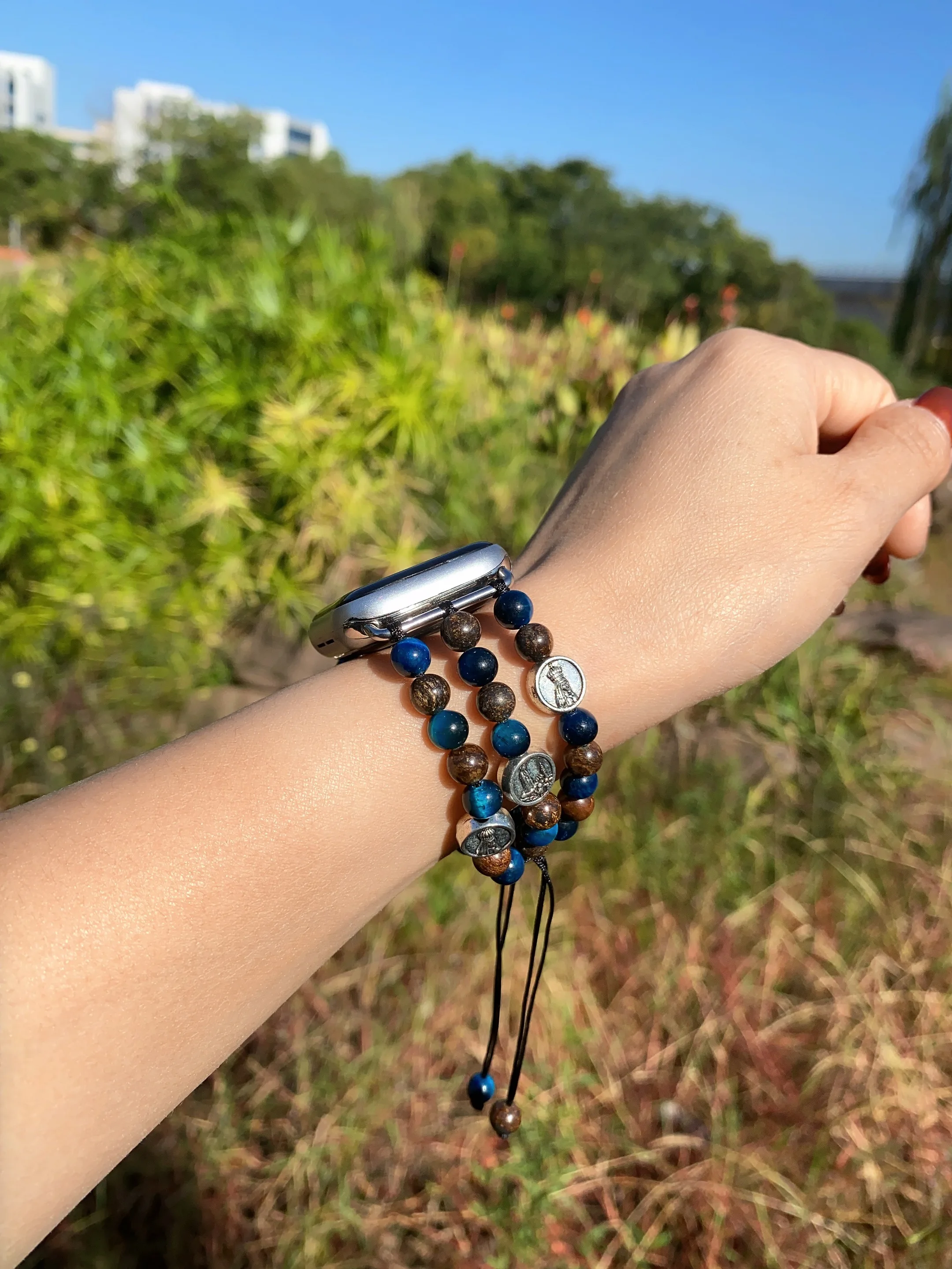 Natural Stone Blue Tiger Eye Onyx and Our Lady of Fatima Beaded Apple Watch Armband 38-45mm Apple Watch Strap Women Iwatch Band