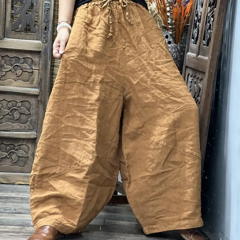 Spring Autumn New Arts Style Women Elastic Waist Loose Ankle-length All-matched Casual High Quality Linen Solid Wide Leg Pants