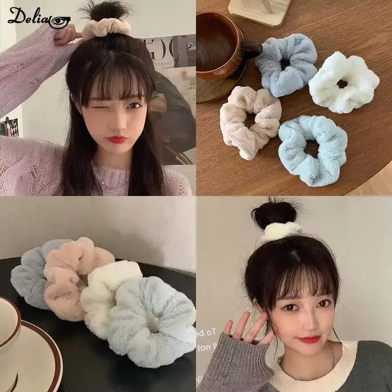 2024 New Winter Warm Soft Hair Scrunchie Furry Elastic Hair Band Women Girls Ponytail Holder Hairs Rubber Band Hair Accessories