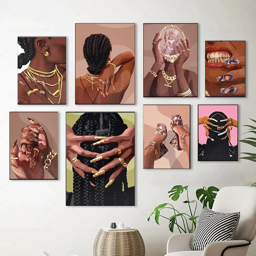 Hip Hop Black Girl Rapper Gold Teeth Diamond Necklace Jewelry Pop Art Canvas Painting Fashion Poster Wall Art Picture Room Decor