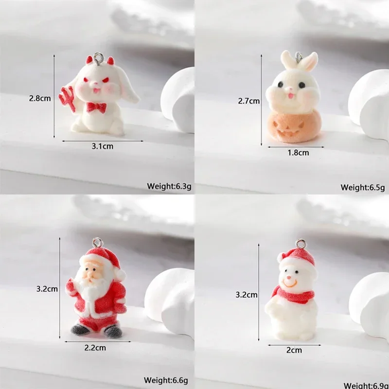 4Pcs 3D Cute Flocked Santa Claus Rabbit Charm Cartoon Animal Resin Pendant For Phone Bag Keychain Earrings Diy Jewelry Make