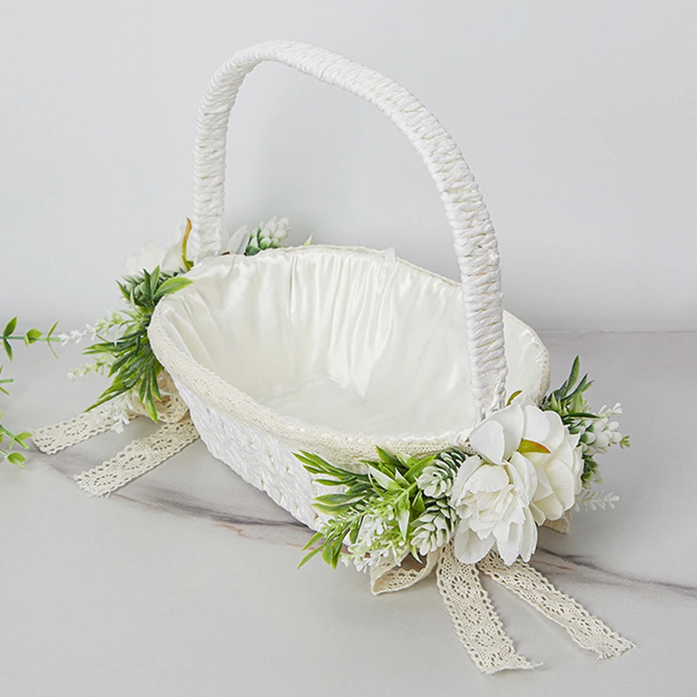 White Rattan Wedding Flower Girl Basket with Silk Peony, Vintage Flower Girl Basket for Wedding Ceremony Anniversary Party Decor image 2