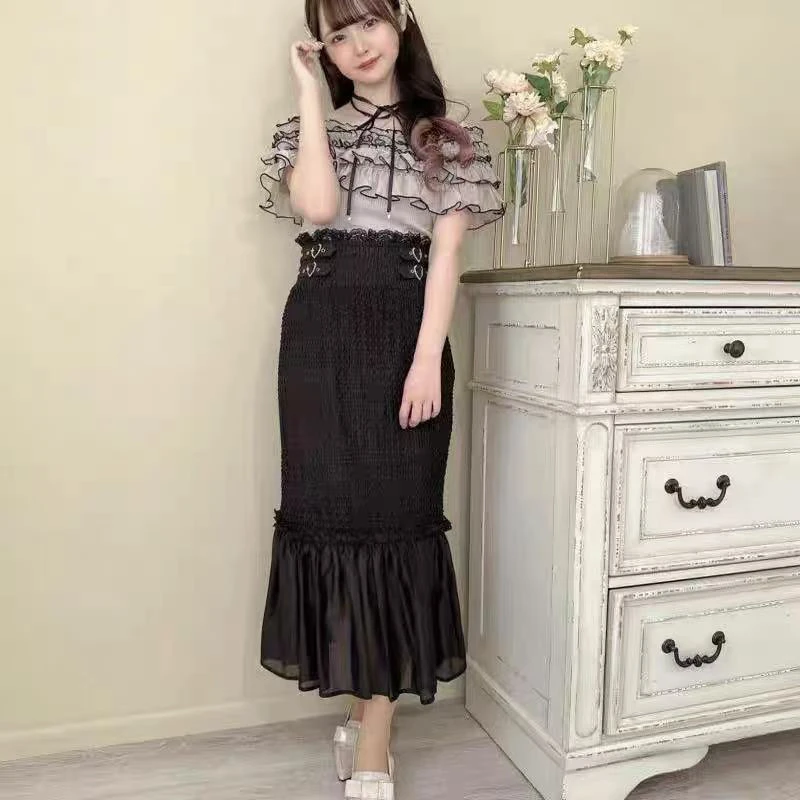 Japanese Lolita Sweet Cute Ruffled Knitted Patchwork Off-Shoulder Top Shirt Short-sleeves Kawaii Y2k Blouse Women's Chic Blusas