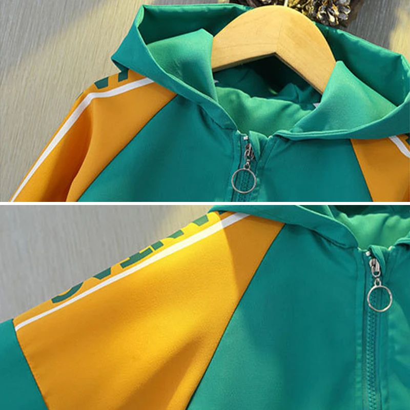 Frühling Herbst Neue Jungenjacke Modische Buchstaben-Patchwork Kapuzen-Sportjacke für 2 3 4 5 6 7 Jahre alte Kinder Oberbekleidung Kinderkleidung – Detail 6