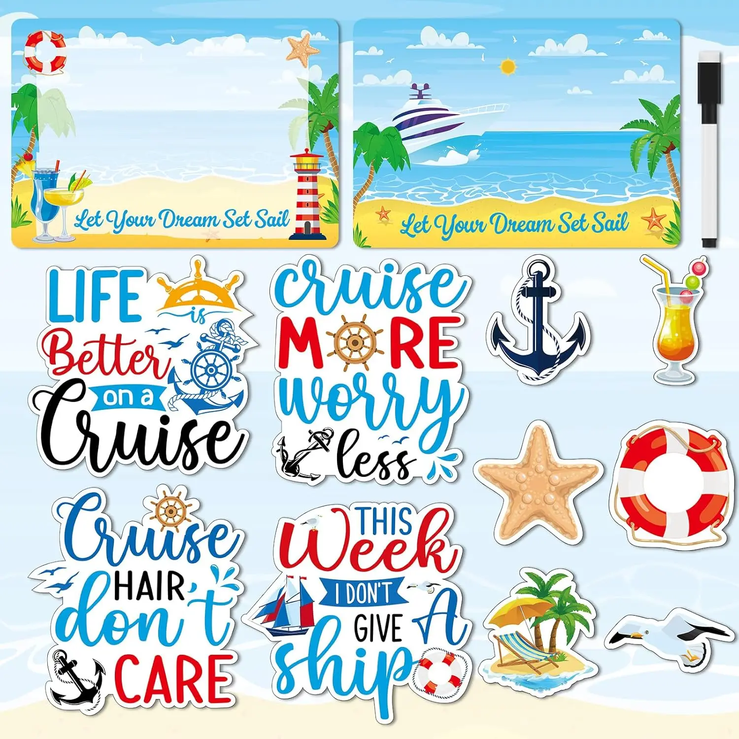 12 Pcs Cruise Door Magnets Decorations Set Large Magnetic Dry Erase Board with Marker Sea Navigation Ship Magnets Stickers Ancho