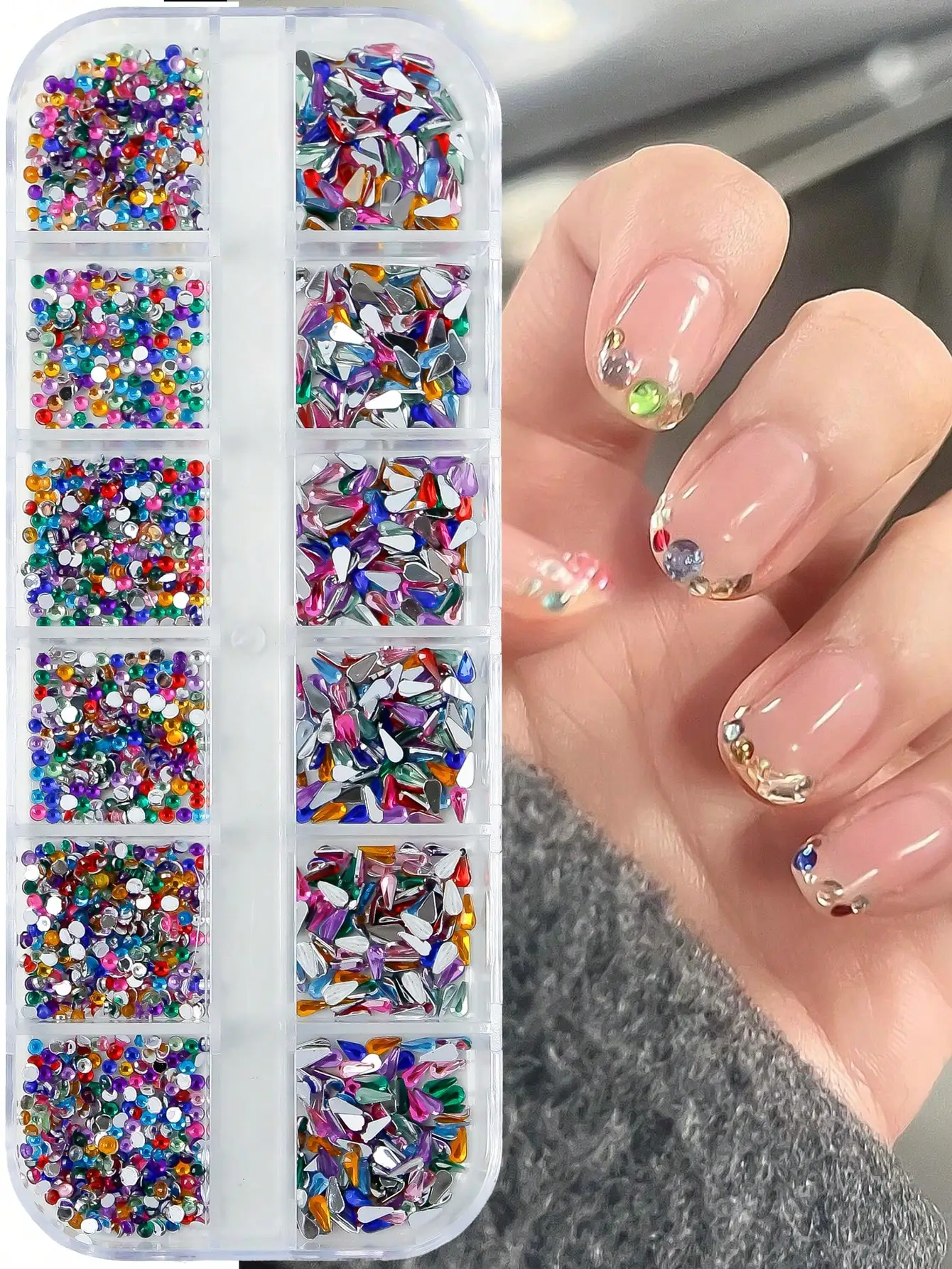 

1 Box 12 Grids Super Shiny Mini Resin Flat Rhinestones, Symmetrical Shape. Perfect for DIY Nail Art Decorations, Nail Gems & Supplies.