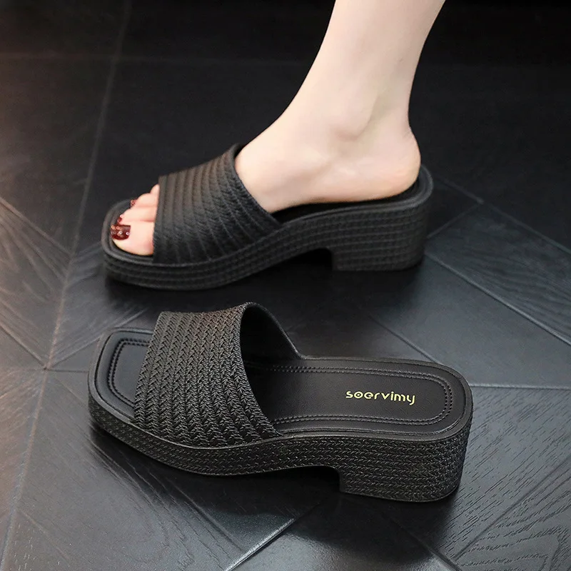 Summer Women Modern Slippers Wedges heels Solid Color PVC Slides Woman Beach Platform Slippers New Square Heel Outside Sandals