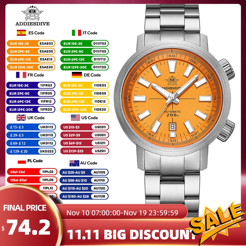 ADDIESDIVE Automatic Watch For Men Japan 8215 New AD2093 Stainless Waterproof 20Bar Mechanical Watches Luminous Dress Watch