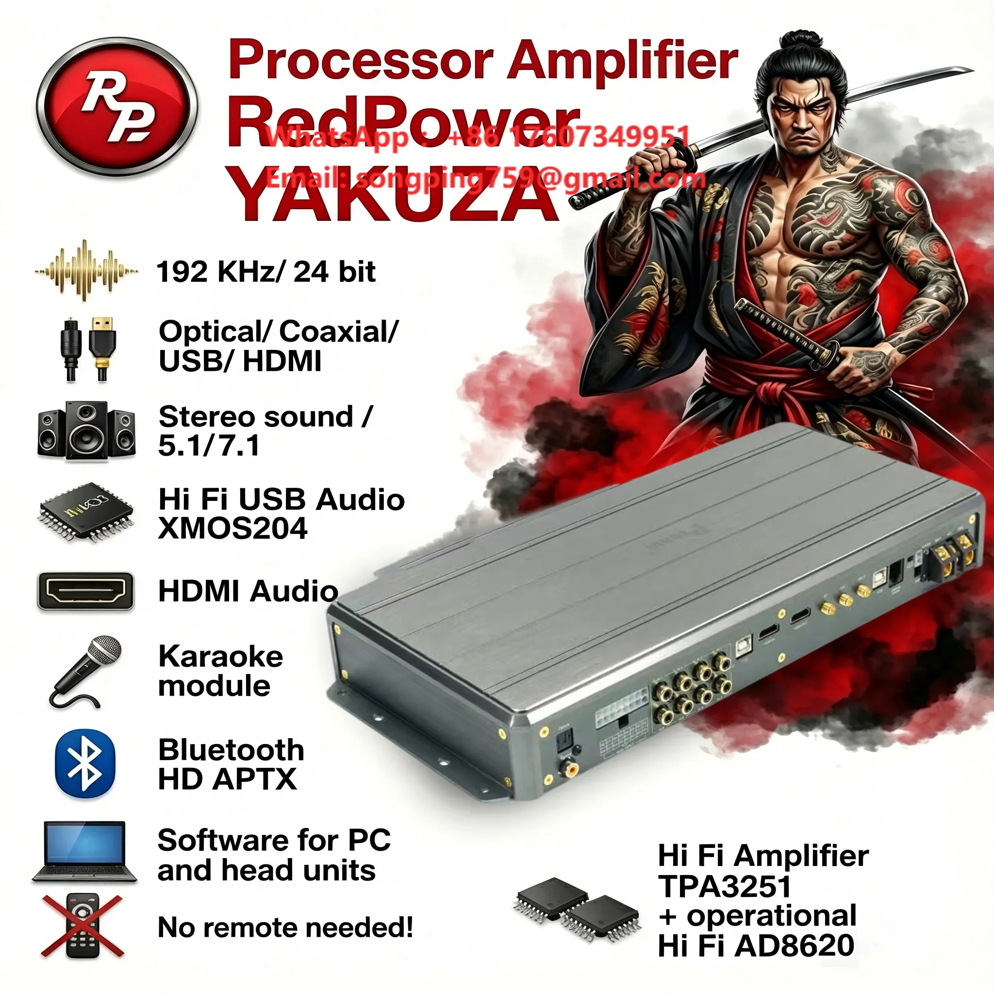 1440W 12 Channel Car DSP Amplifier with HDMI Optical  Coaxial RCA Highlevel Input RCA Highlevel Output 192kHz Sampliing Rate