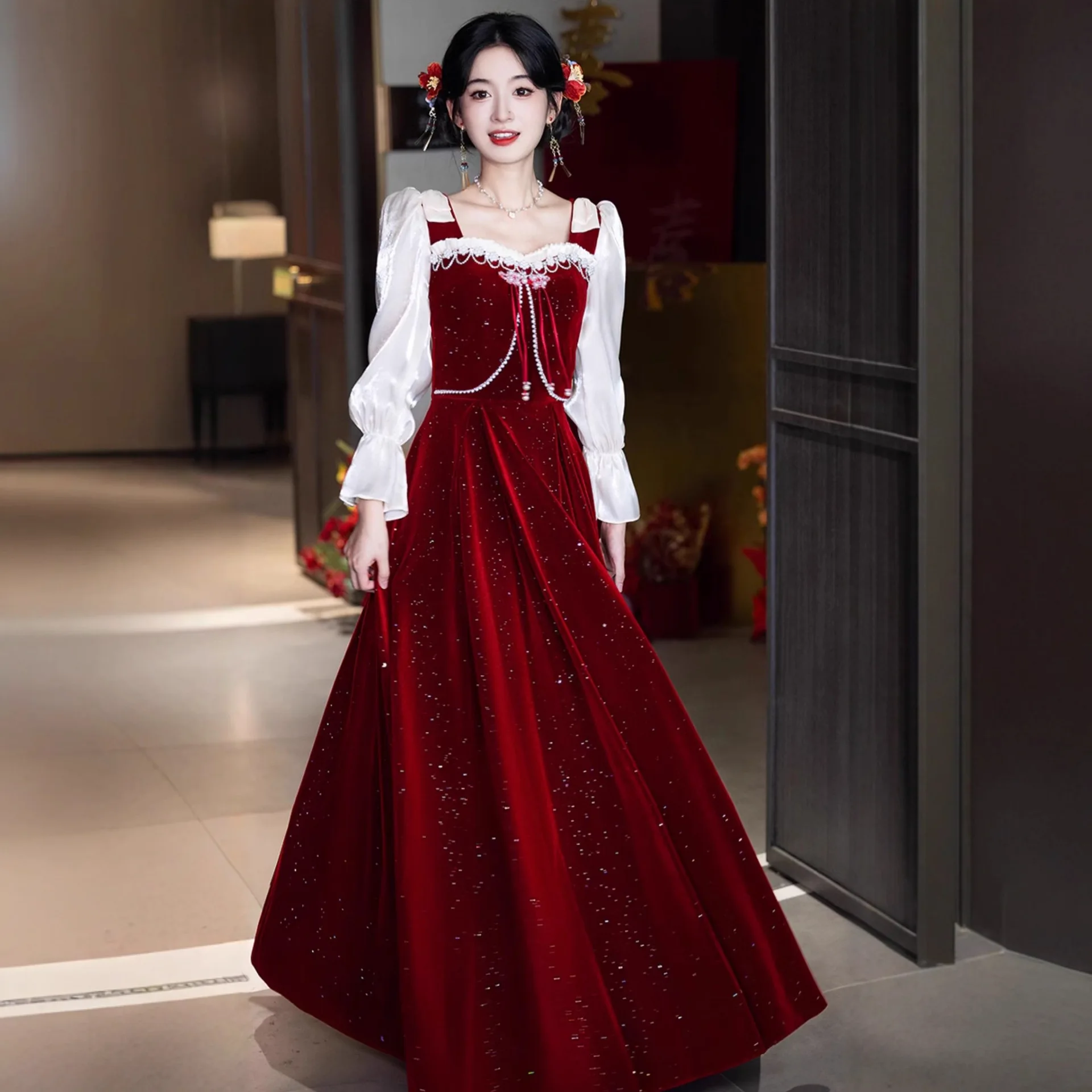 

Autumn Winter Bridal Wedding Dress Engagement Long Gown Vestidos Chinese Style Elegant Temperament Toast Clothes Cheongsam