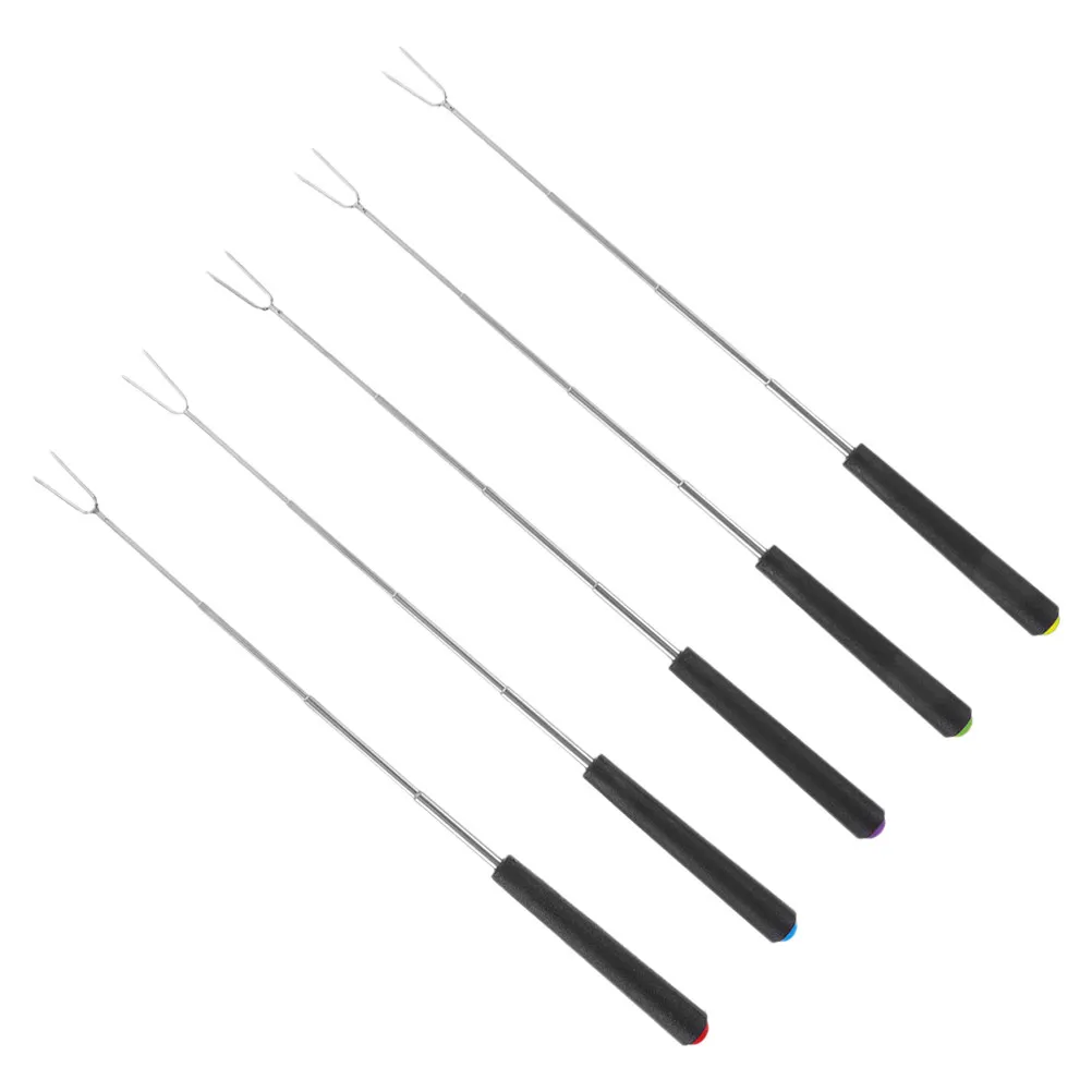 5Pcs Manual Rotating Stainless Steel Bbq Forks Colorful Plastic Grip Roasting Sticks Hot Dogs Marshmallows Campfire Grill