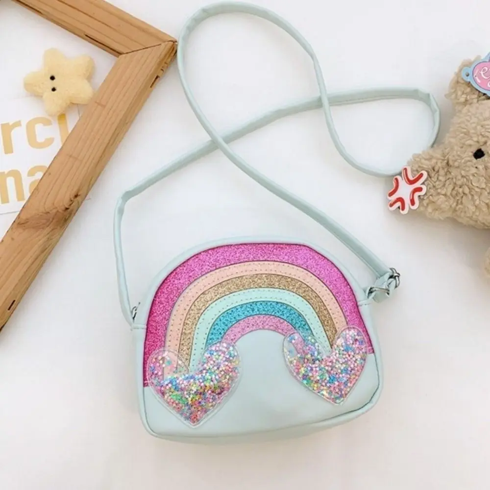 Cute PU Leather Shoulder Bags Rainbow Heart Portable Coin Purse Clutch Style Sequins Print Crossbody Bag For Girls