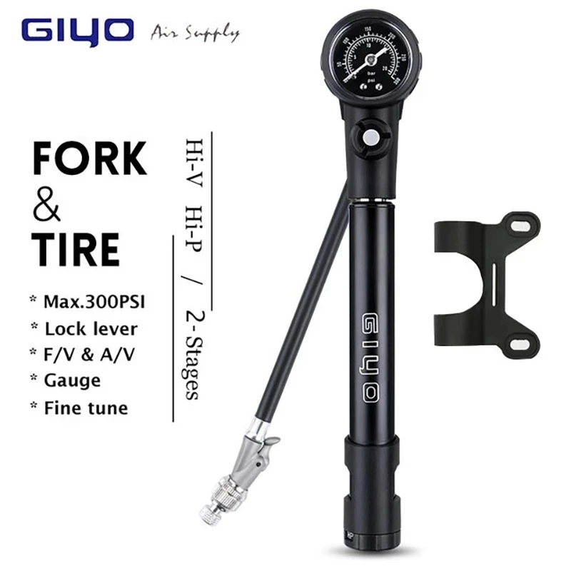 GIYO Shock/Tire Bicycle Pump 300psi High-Pressure Air Inflator With Gauge For Fork & Rear Suspension Mountain Bike Mtb Supplies