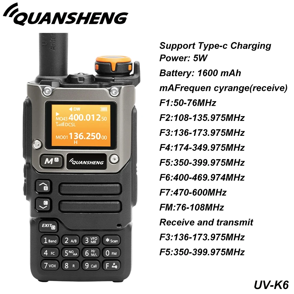 Quansheng UVK58 Walkie Talkie 50-600 MHz Full Band Type C Charger AM DTMF Scrambler NOAA  FM  UVK6 K5 Ham Two Way Radio