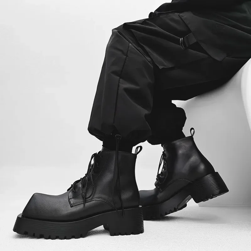 Rhinoceros Toe Short Boots Men and Women Autumn and Winter Black Leather Thick Soled Motorcycle Boots High Top Leather Shoes - Image 6