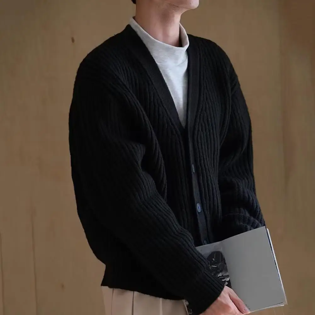 

Solid Color Sweater Men's Thick Knitted V Neck Cardigan Sweater Coat for Winter Fall Single-breasted with Buttons Solid Color