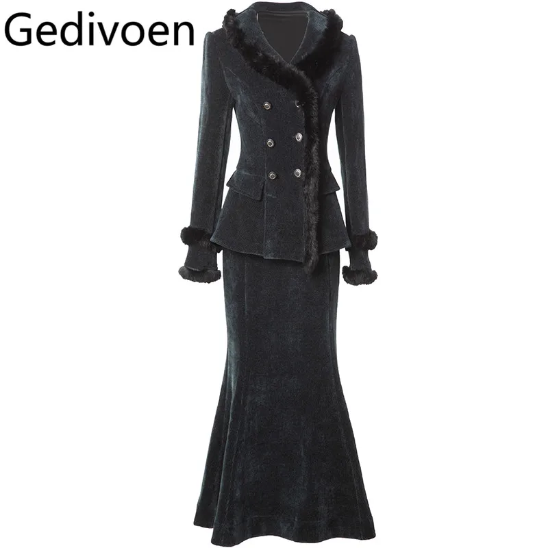 Gedivoen Autumn Winter Women's Suit Notched Double-Breasted Tops+Slim-Fit Hip Wrap Mermaid Skirt 2 piece set