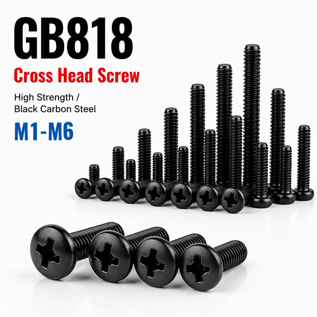10-50pcs Cross Recessed Pan Head Screw M1 M1.2 M1.6 M2 M2.5 M3 M4 M5 M6 Carbon Steel Black Phillips Machine Screw