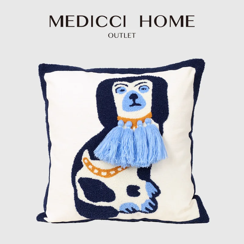 Medicci Home Blue And White Staffordshire Dog Punch Embroidered Pillowcase With Tassels Adorable Cushion Cover Whimsy Home Decor