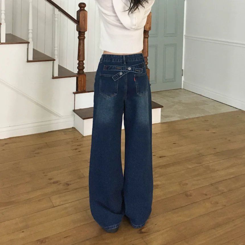 

High Waist Wide Leg Denim Jeans Button Design Belted Vintage Spring Dongda Gate Bla Blue Long Pants Women's Faion