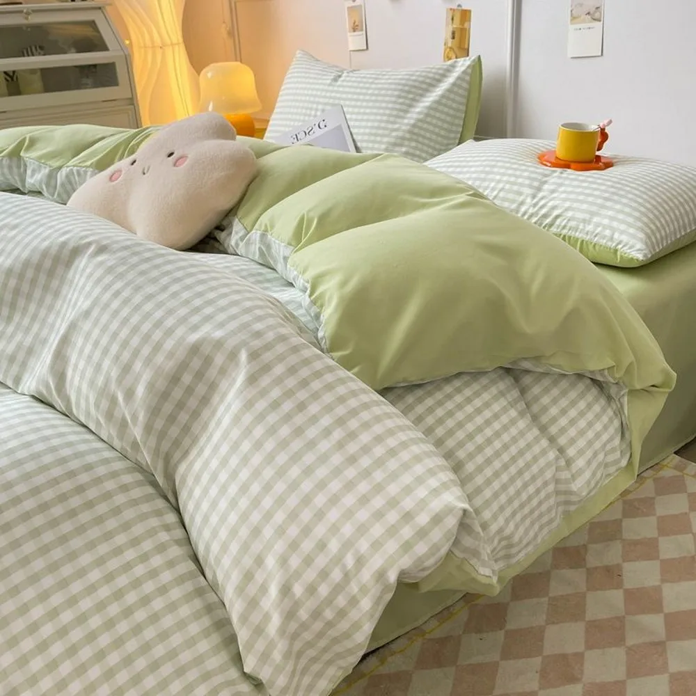 

Green Plaid Bedding Set No Filler Duvet Cover Flat Sheet Pillowcases Fashion Single Queen Size BedSpread Soft Home Textile
