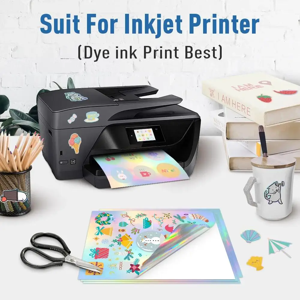 50 Sheets Printable Vinyl Sticker Paper A4 Size Copy Paper for All Inkjet Printer DIY Holographic Glossy White Adhesive Label