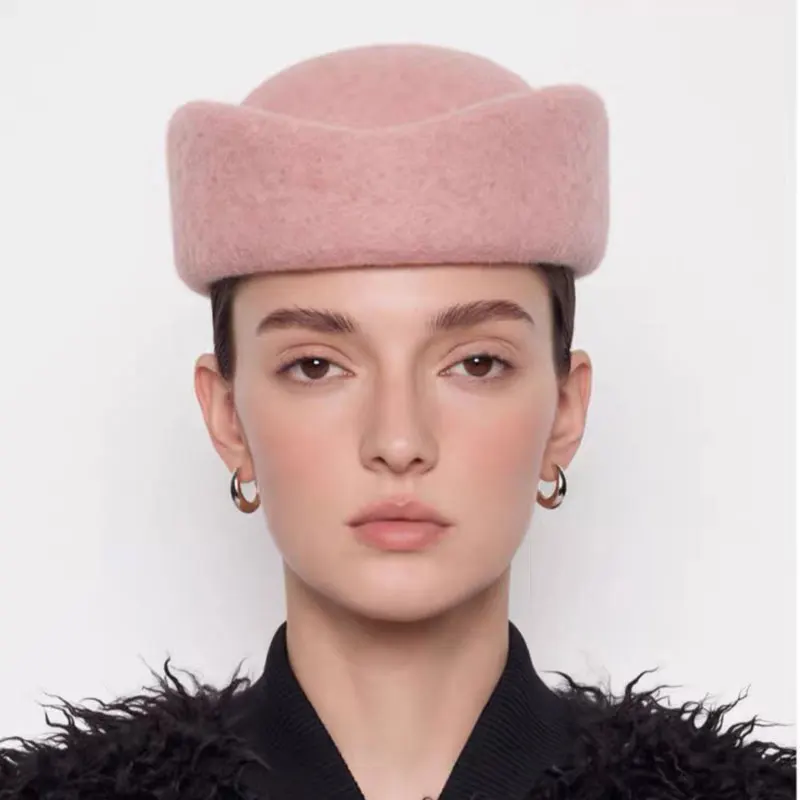 Fashion Winter Vintage Wool Blend Beret Hat Women Church Fascinators Hat Looking Hat Uniform Stewardess Pillbox Felt Fedora Cap