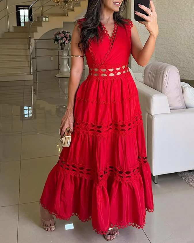 

Womens Dresses 2025 Summer Fashion Lace Trim V-Neck Hollow-Out Sleeveless Dress Casual Waist A Line Flared Maxi Dress