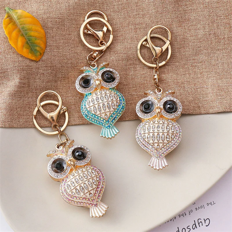 

Cute Rhinestone Crystal Big Eyes Blue Owl Keychain Animal Bird Key Chain Key Ring Holder Bag Pendant Accessories Keyring