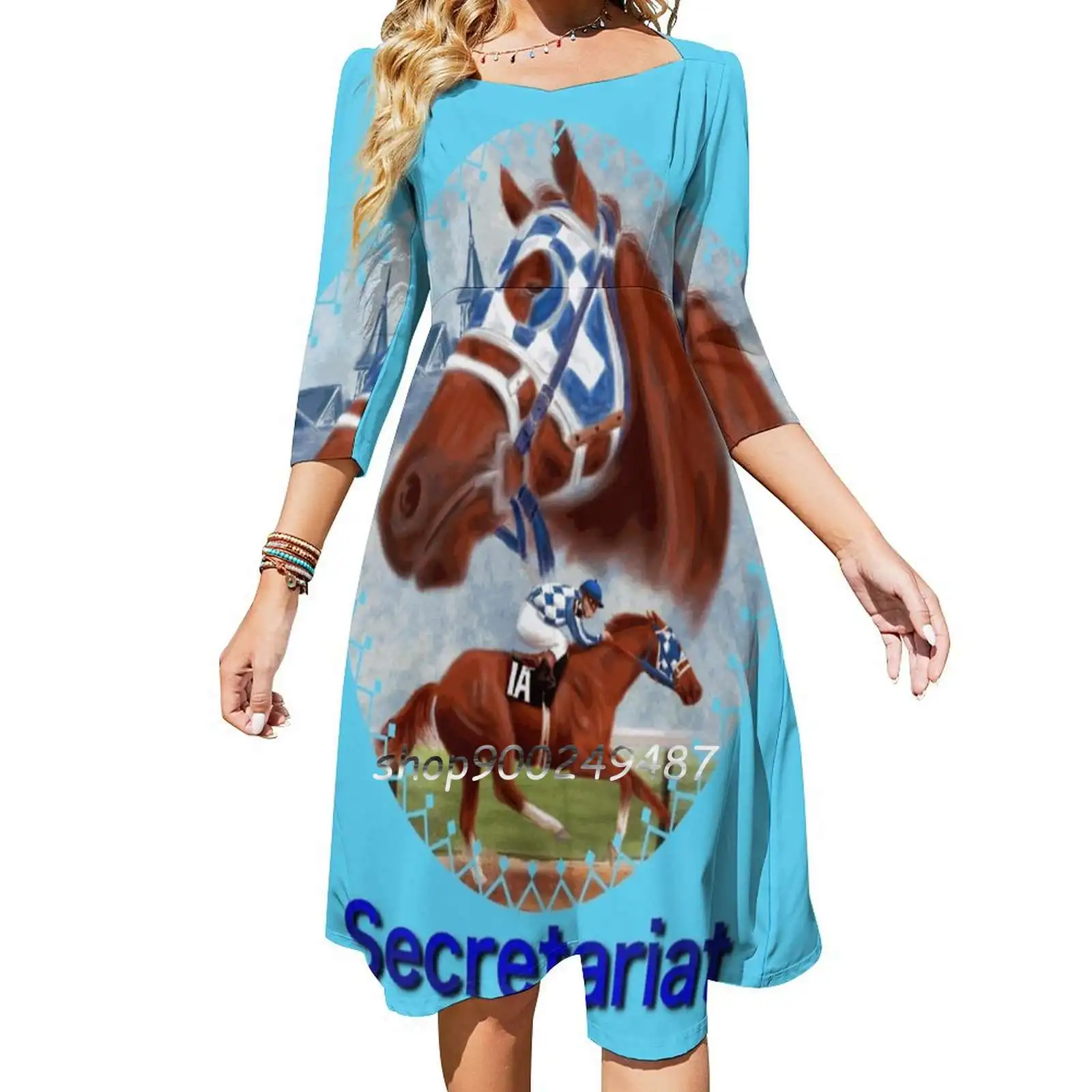 Secretariat Triple Crown Winner Flare Dress Square Neck Dress Elegant Female Fashion Printed Dress Secretariat Racehorse Horse