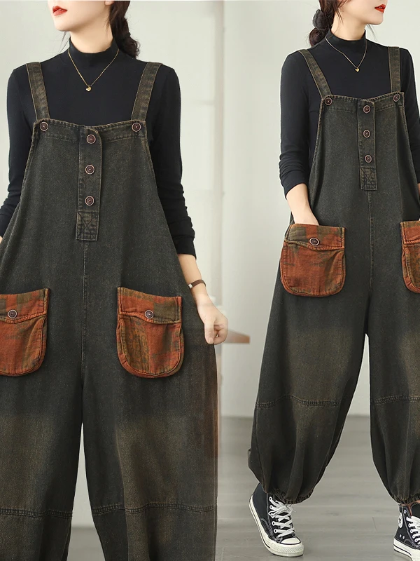 

Retro Embroidered Heavy Work Soft Denim Overalls Women's Ethnic Sle Elastic Waist Versatile Casual plus Size Wide Leg Pants