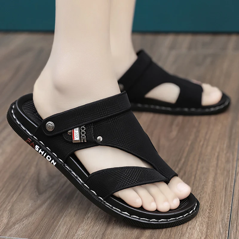 Men's Summer Sandals Water-Resistant Slip-On Soft Sole Sports Beach Shoes Anti-Slip Driving Shoes Fashionable Korean Style