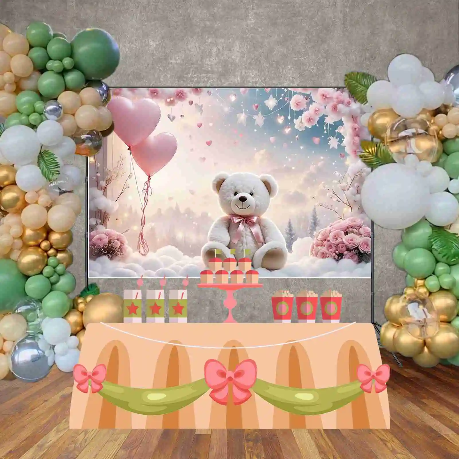 Mond. qg Blume Schneeflocke ein Geburtstag Hintergründe Kinder Stern Ballon Teddybär Kulissen Party Dekoration Fototermin Requisiten