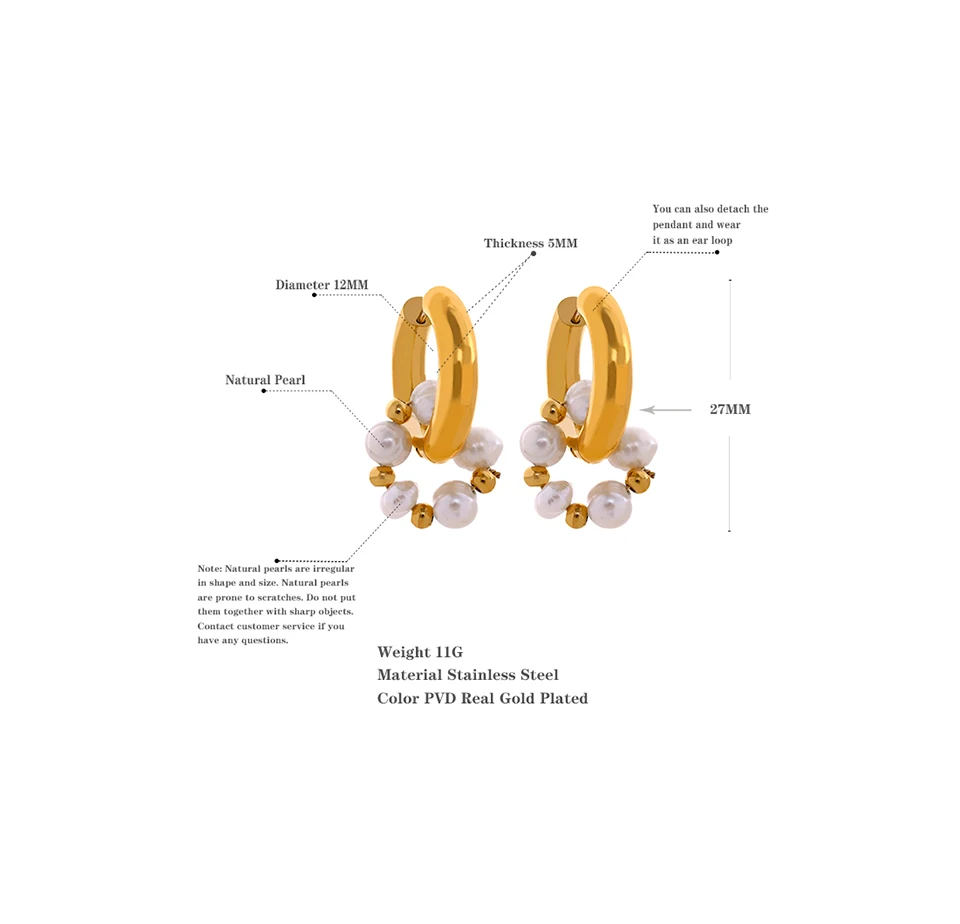 Yhpup Fans Wohlfahrt-Stil, natürliche Perlen, Edelstahl, wasserdicht, 18 Karat Gold, modische Huggie-Creolen, Schmuck für Frauen – Detail 5