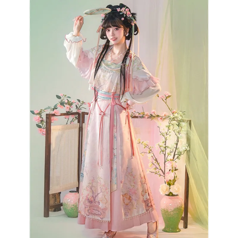 Traje Diario de Estilo Chino para Niñas Pequeñas, Diseño Floral de Flor de Durazno, Estilo Hanfu Antiguo, Primavera/Verano