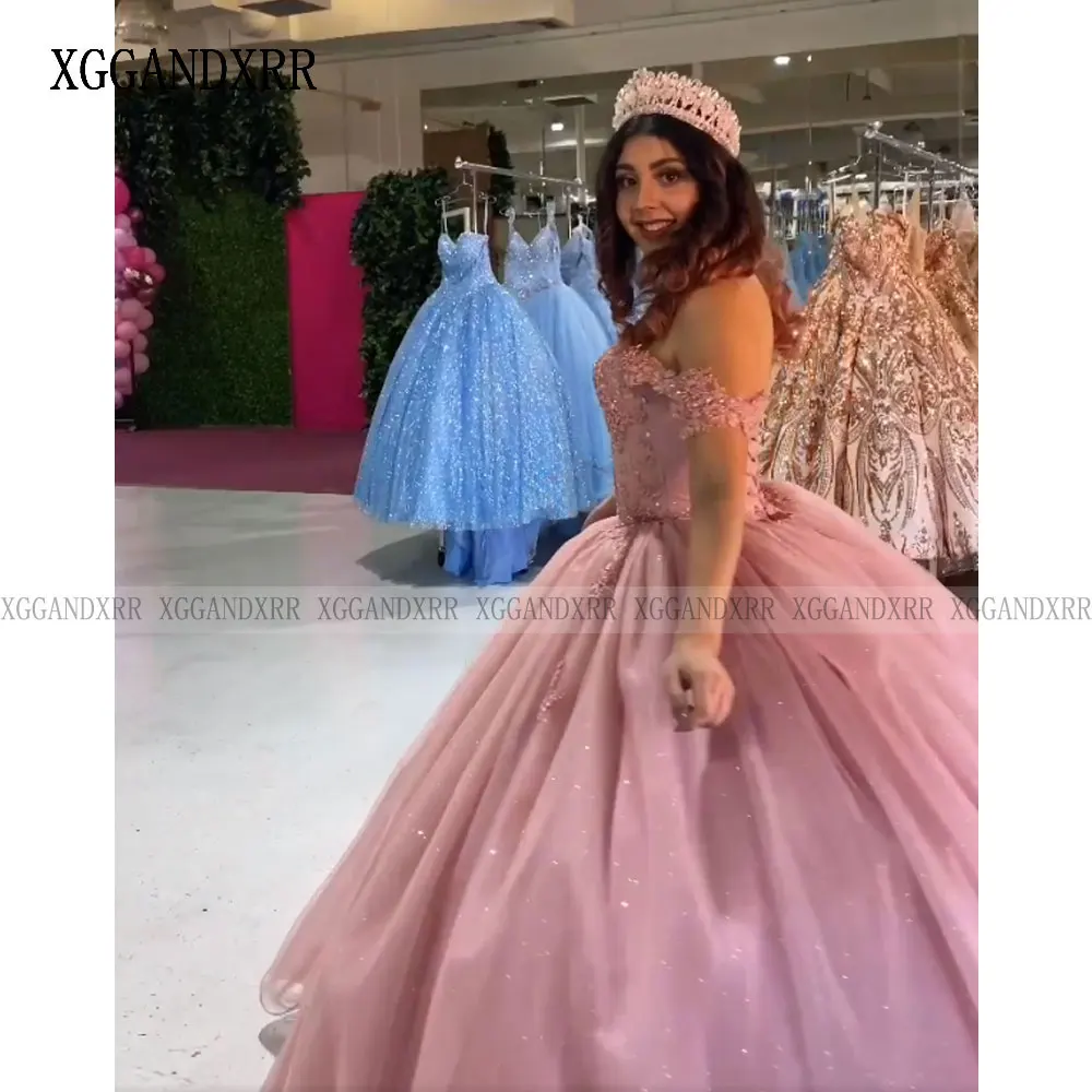 Vestido De baile De princesa rosa, quinceañera con cuentas De lentejuelas, Espalda descubierta, dulce Vestido De cumpleaños De 16 purpurina, desfile De 15 años